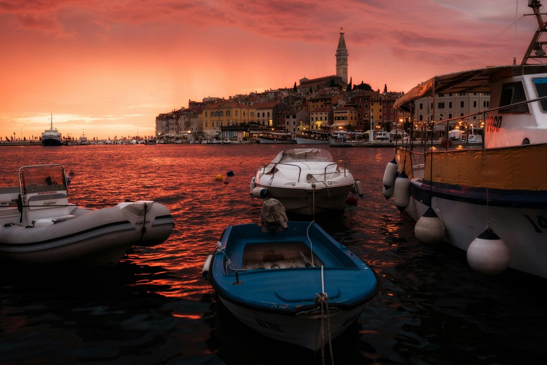 Sunset over the harbor in Rovinj